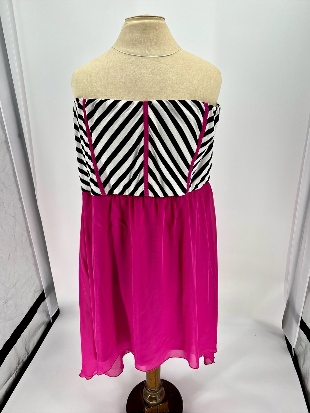 Urban Rose Strapless hi low Fuchsia Dress with Black & White Striped Bodice 3X